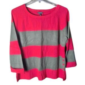 Talbots Women Large Red/ Brown Striped Knit 3/4 Length Sleeve Button Sweater